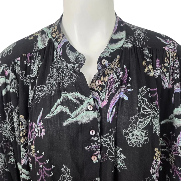 Free People Metallic Blooms Peacock Blouse Button Down Womens Medium Black - Picture 11 of 16